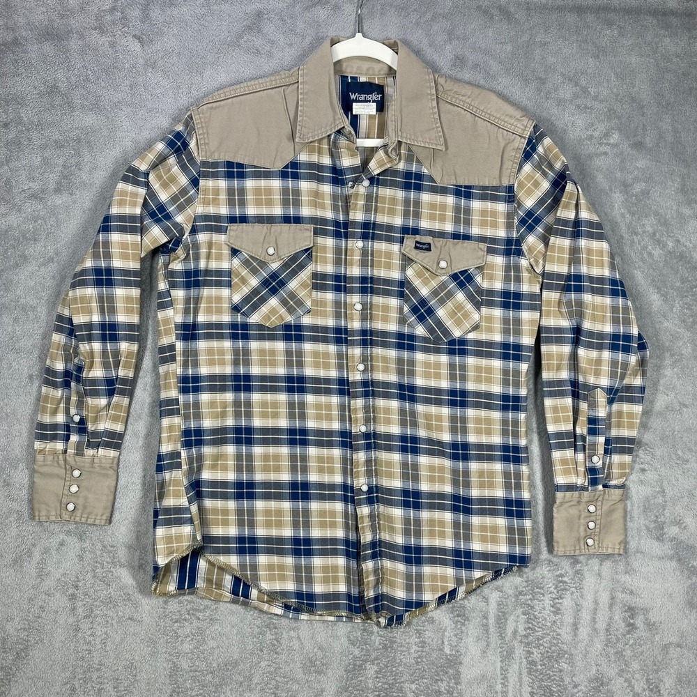 Wrangler Western Shirt Mens Large Blue Tan Plaid Pearl Snap MS723KM